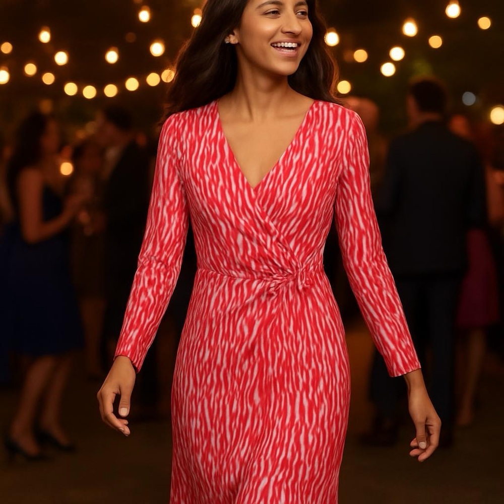 Pendleton Coral Red and White Faux Wrap Midi Dress